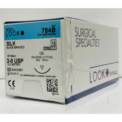 SURGICAL SPECIALTIES LOOK™ DENTAL SUTURES - 3/0 Silk Suture, Black Braided, 18"/45cm, C6, 18mm 3/8 Circle, 12/bx